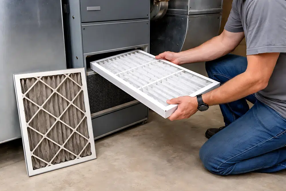 A person kneels on the floor while replacing a clean air filter in a large HVAC unit. A dirty filter lies on the floor beside them, showing contrast.