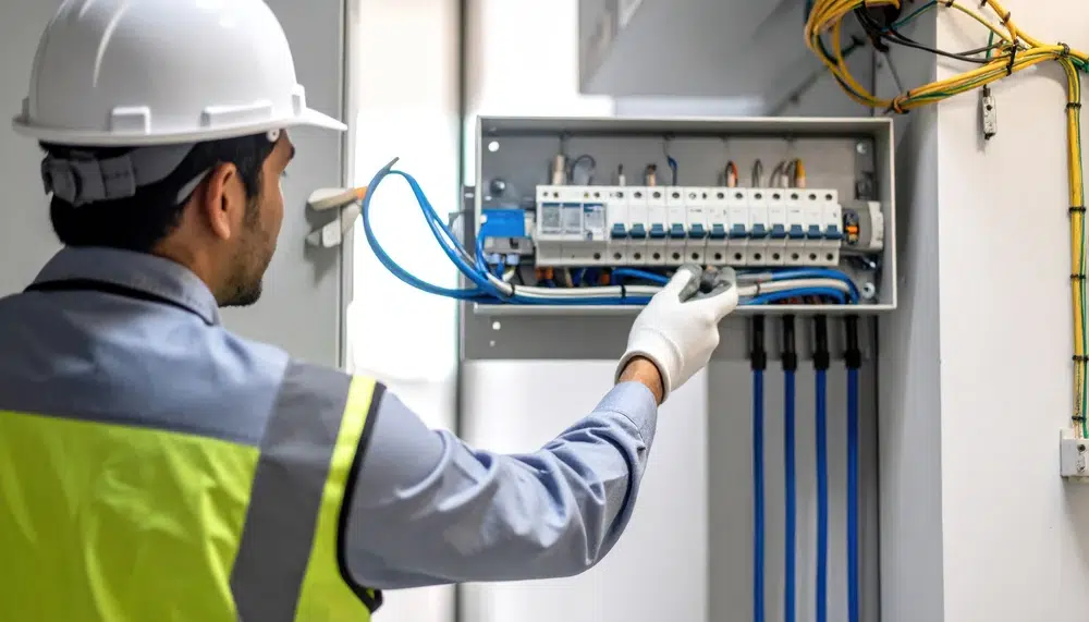 A technician in a safety vest and helmet inspects an open electrical panel. He uses a glove-covered hand to adjust cables, ensuring safety and focus.