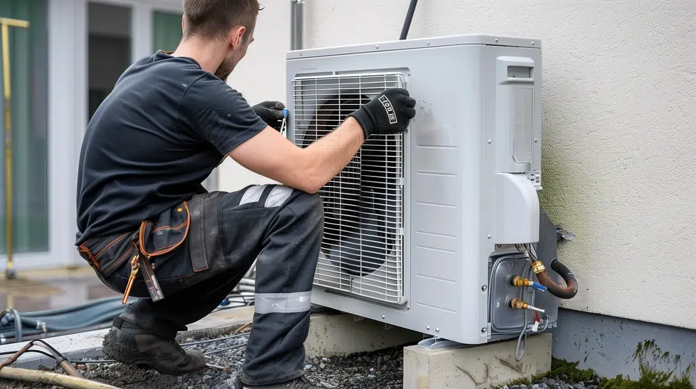 A technician in work attire and gloves kneels, examining an outdoor air conditioning unit attached to a building. The scene conveys focus and professionalism.