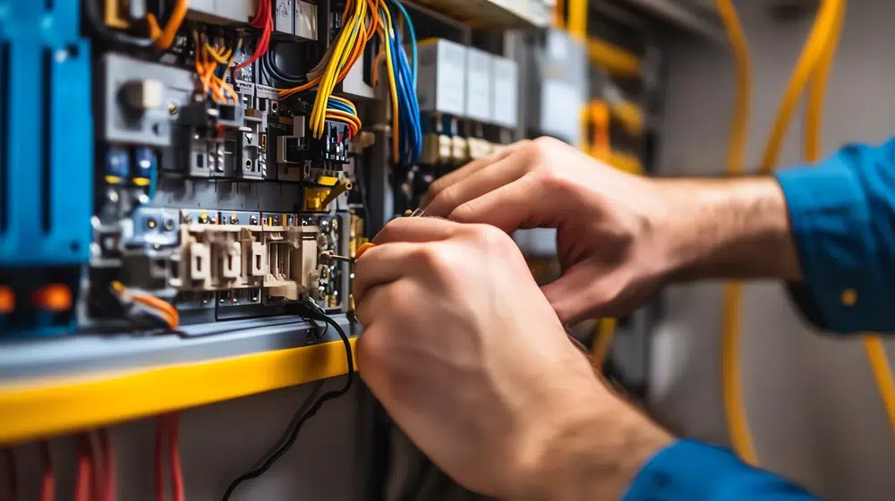 Hands in blue sleeves work on a complex electrical panel with colorful wires, conveying focus and technical expertise in an industrial setting.