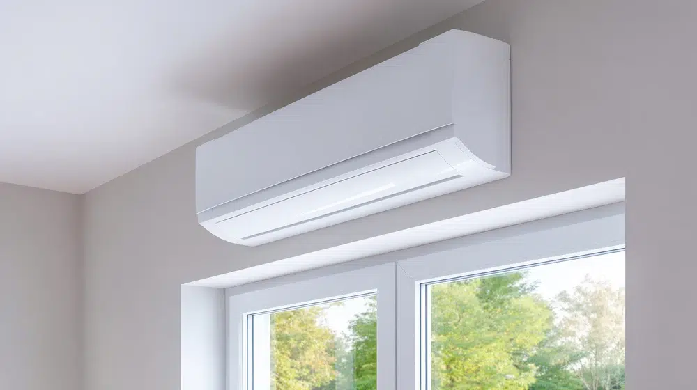 Wall-mounted white air conditioner above a large window, set against a light-colored interior wall. Greenery outside creates a calm, refreshing tone.
