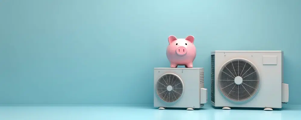 A pink piggy bank sits atop a smaller air conditioning unit next to a larger one, against a clean, light blue wall. The image conveys savings and energy efficiency.
