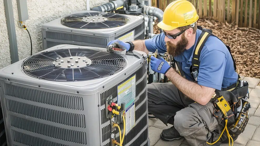 A technician in a yellow hard hat adjusts an outdoor air conditioning unit with tools. He wears a tool belt, conveying focus and expertise in HVAC maintenance.